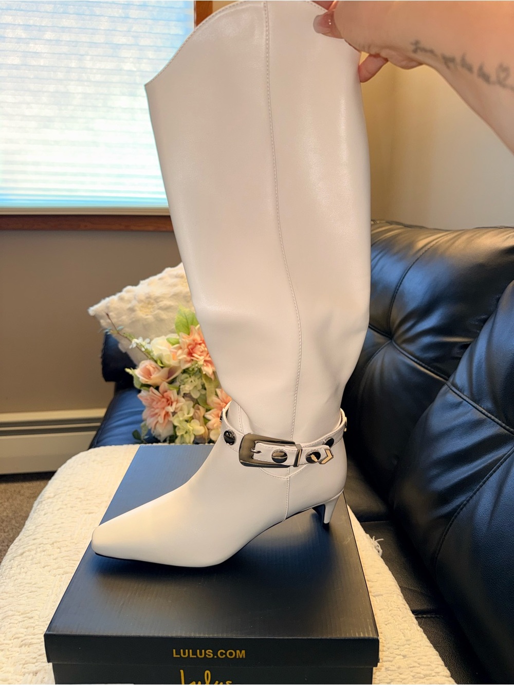 Lulu's White Over-the-Knee Pointed Toe Boot with Buckle Strap